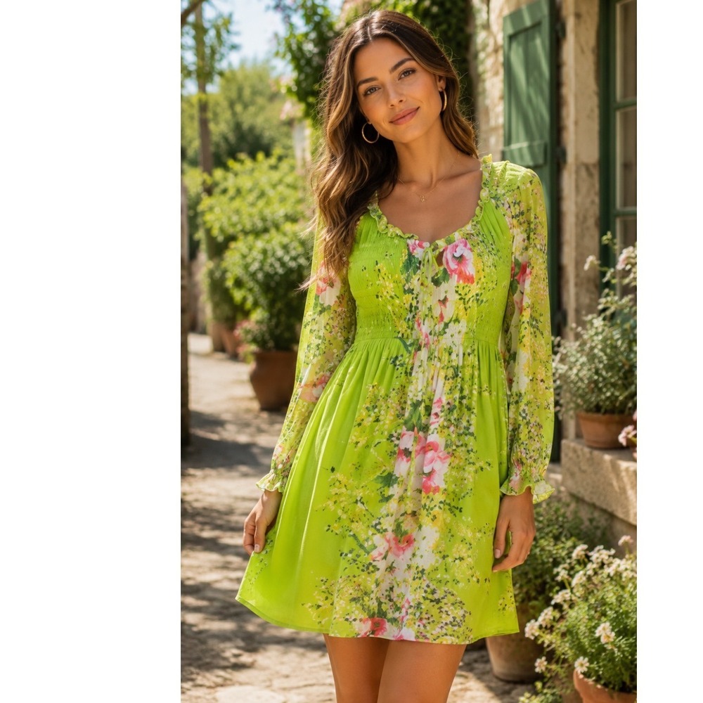 Sunny Leigh Smocked Mini Dress Green Pink Long Balloon Sleeve Boho Ruffle Neck